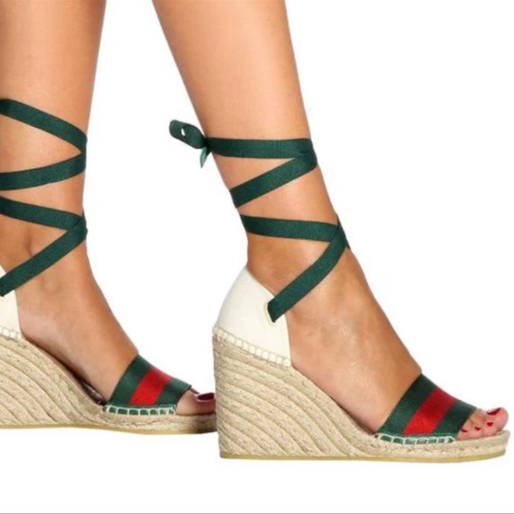 NWT GUCCI Lilibeth Sylvie web espadrille wedge sandals